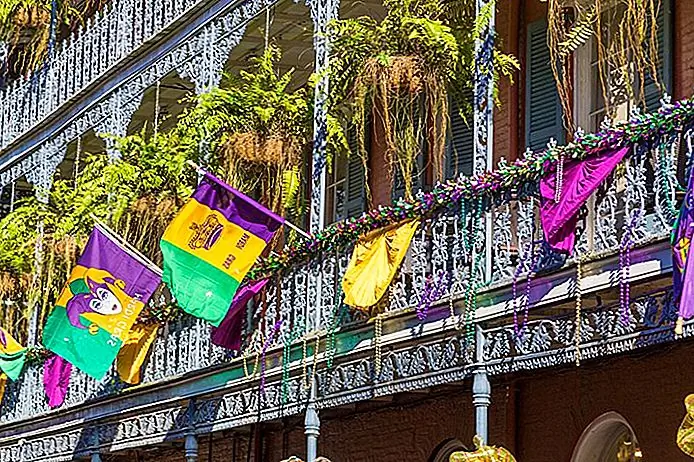 French Quarter Blacksmith Galleries decorated for Mardi Gras in New Orleans