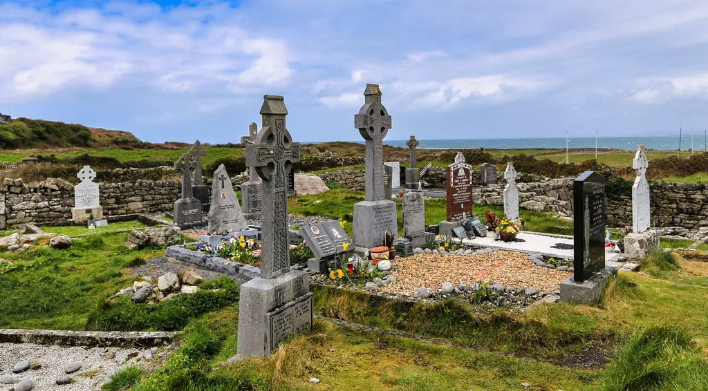 Some gravestones and Gaelic crosses in the graveyards of the seven churches of Inishmore, Ireland
