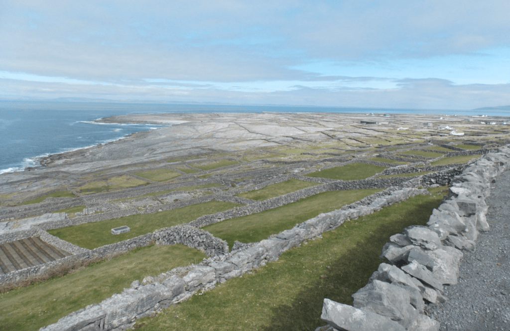 View of the island of Inis Meain from the fort, on a sunny day.