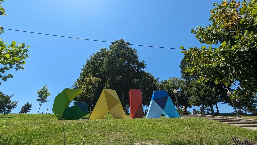 The colorful and gigantic writing that reads "Gaia" it is installed on the top of the hill in a park close to the Douro river.